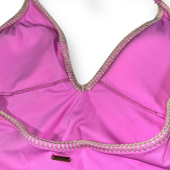 VICTORIAS SECRET Hot Pink Halter One Piece Exposed Stitch Plunge V-Neck S - Picture 4 of 5